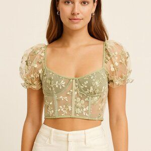 Sheer Floral Embroidered Mesh Crop Top | Size S | Sage Green Puff Sleeve | NWT
